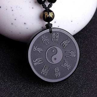Buddha Gift Natural Black Obsidian Taoism Five Sacred Mountains Nine-Character Mantra Carved Strength Yin Yang Necklace Pendant Key Chain