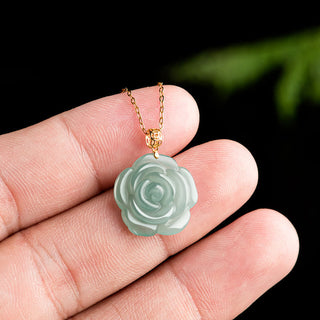 Buddha Gift 18K Gold 925 Sterling Silver Natural Jade Rose Luck Necklace Pendant