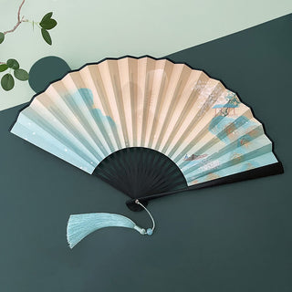 Buddha Gift Retro Lotus Flower Leaf Mountain Lake Handheld Folding Fan With Bamboo Frames