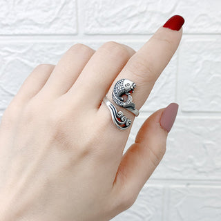 Buddha Gift 925 Sterling Silver Koi Fish Water Ripple Luck Wealth Ring