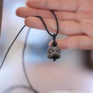 Buddha Gift Natural Silver Sheen Obsidian Dancing Lion Protection Necklace Pendant