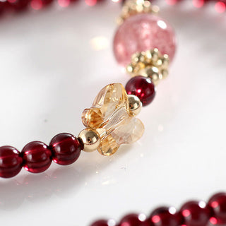 Buddha Gift 14K Gold Plated Natural Garnet Strawberry Quartz Butterfly Protection Double Wrap Bracelet