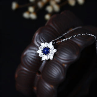 Buddha Gift 925 Sterling Silver Lazurite Lotus Flower Self Care Necklace Pendant