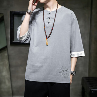 Buddha Gift Frog-Button Dragon Embroidery Chinese Tang Suit Three Quarter Sleeve Shirt Cotton Linen Men Clothing