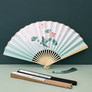 Buddha Gift Retro Lotus Flower Leaf Mountain Lake Handheld Folding Fan With Bamboo Frames