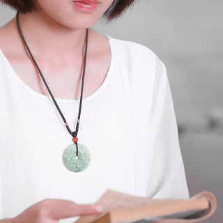 Buddha Gift Round Jade Peace Buckle Peony Flower Abundance Necklace Pendant