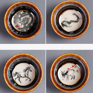 Buddha Gift 12 Chinese Zodiac Pattern Ceramic Teacup Kung Fu Jian Chinese Zhan Tea Cup 73ml