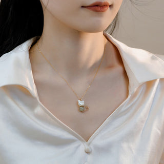 Buddha Gift 14K Gold Plated Pearl Hetian Jade Shell Luck Cat Kitten Necklace Pendant