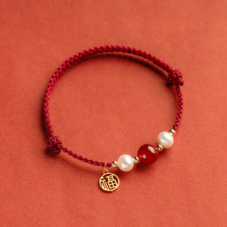 Buddha Gift 925 Sterling Silver Good Fortune Fu Character Agate Pearl Red String Braid Bracelet