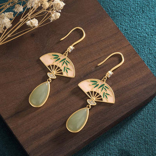 Buddha Gift Natural Green Aventurine Fan Pattern Luck Drop Earrings