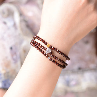 Buddha Gift 925 Sterling Silver Indian Small Leaf Red Sandalwood Fu Character Protection Triple Wrap Bracelet