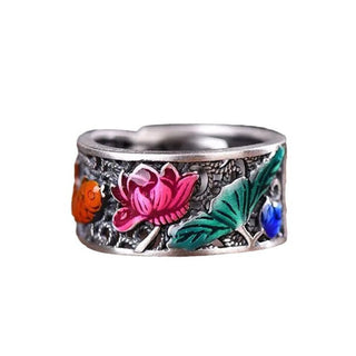 Buddha Gift Copper Blue Enamel Lotus Heart Sutra Koi Fish Luck Ring