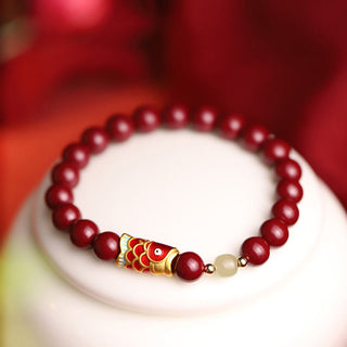 Buddha Gift Natural Cinnabar Lucky Koi Fish Hetian Jade Bead Blessing Bracelet