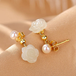 Buddha Gift 925 Sterling Silver Plated Gold Jade Rose Flower Cyan Jade Pearl Luck Earrings