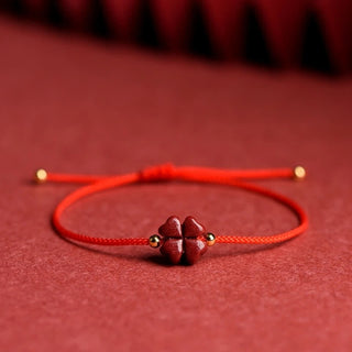 Buddha Gift Natural Cinnabar Four Leaf Clover Blessing Red String Bracelet Anklet