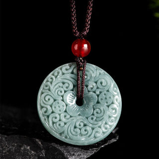 Buddha Gift Green Jade Flower Carved Peace Buckle Abundance Necklace Pendant