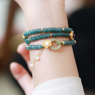 Buddha Gift 925 Sterling Silver Gold Plated Cyan Jade Flower Peace Buckle Success Triple Wrap Bracelet