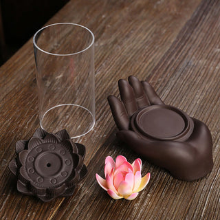 Buddha Gift Buddha Hand Lotus Enlightenment LED Light Purple Clay Ceramic Incense Burner Decoration