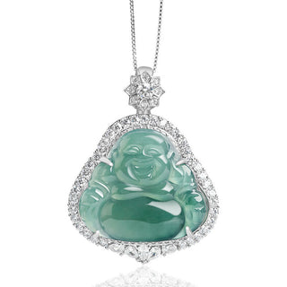 Buddha Gift 925 Sterling Silver Laughing Buddha Natural Jade Luck Abundance Chain Necklace Pendant