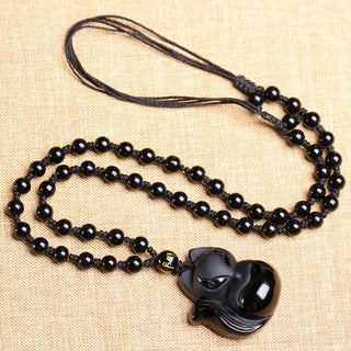 Buddha Gift Natural Black Obsidian Tiger Eye Ice Obsidian Fox Pendant Amulet Necklace