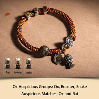 Buddha Gift Handmade Tibetan 925 Sterling Silver Chinese Zodiac Natal Buddha Zakiram Goddess of Wealth Protection Multicolored Rope Braided Bracelet