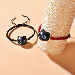 Buddha Gift Ebony Wood Cat Head Pattern Peace King Kong Knot Braided Bracelet