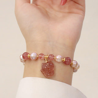 Buddha Gift Natural Pearl Strawberry Quartz Cute Fox Love Healing Charm Bracelet
