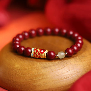 Buddha Gift Natural Cinnabar Lucky Koi Fish Hetian Jade Bead Blessing Bracelet