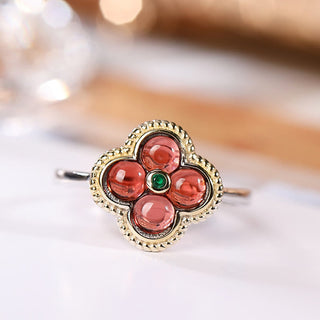 Buddha Gift 925 Sterling Silver Natural Garnet Four-leaf Clover Protection Necklace Pendant Ring