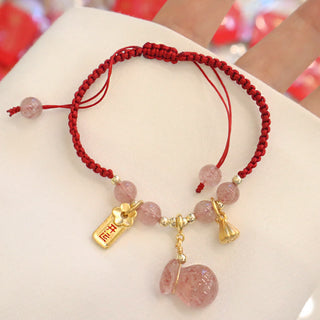 Buddha Gift Natural Strawberry Quartz Money Bag Lotus Healing Charm Red String Braided Bracelet