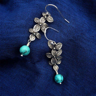 Buddha Gift 925 Sterling Silver Turquoise Lazurite Flower Leaf Serenity Protection Hook Drop Dangle Earrings
