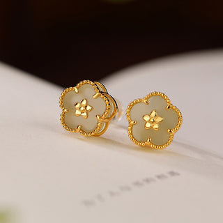 Buddha Gift 925 Sterling Silver Hetian Jade Plum Flower Luck Stud Earrings