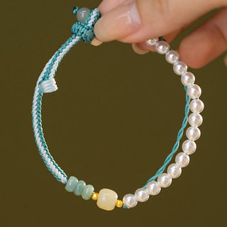 Buddha Gift 925 Sterling Silver Hetian Jade Braided Rope Pearl Abundance Bracelet