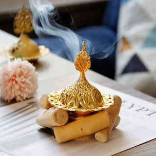 Buddha Gift Gold Alloy Healing Mini Incense Burner With Wooden Coaster Home Decor