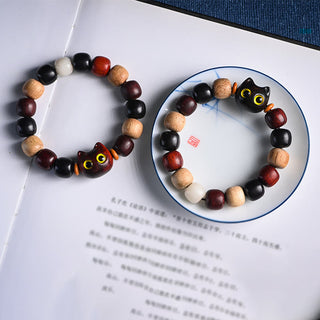 Buddha Gift Small Leaf Red Sandalwood Ebony Wood Cute Cat Engraved Protection Bracelet