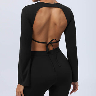 Buddha Gift Long Sleeve Backless Strap Top Bra Flare Pants Fitness Yoga Outfit