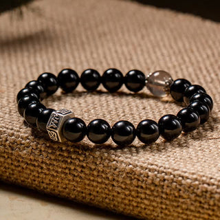 Buddha Gift Chinese Zodiac Natal Buddha 925 Sterling Silver Black Obsidian Moonstone Strength Bracelet