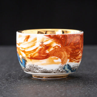 Buddha Gift Dragon Phoenix Crane Sun Ocean Waves Gilt Ceramic Teacup Kung Fu Tea Cup 170ml