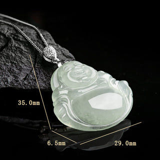 Buddha Gift 925 Sterling Silver Natural Jade Laughing Buddha Prosperity Abundance Chain Necklace Pendant