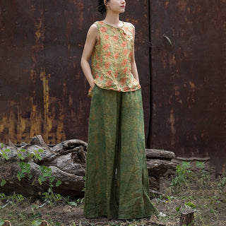 Buddha Gift Green Yellow Ramie Linen Flexible Waistband Wide Leg Pants With Pockets
