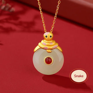 Buddha Gift 925 Sterling Silver Hetian Jade Chinese Zodiac Year of the Dragon Red Agate Luck Protection Necklace Pendant (Extra 30% Off | USE CODE: FS30)