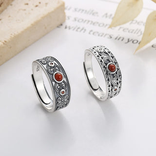 Buddha Gift 925 Sterling Silver Embedded Red Agate Auspicious Clouds Logical Thinking Ring