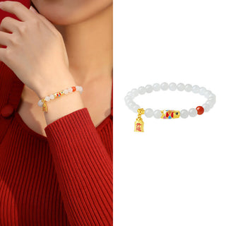 Buddha Gift 925 Sterling Silver Hetian White Jade Red Agate Koi Fish Luck Happiness Bracelet
