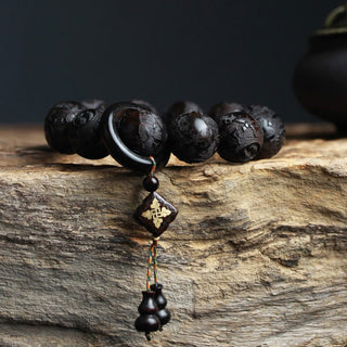 Buddha Gift Ebony Wood Chinese Character Yin Yang Engraved Gourd Balance Bracelet