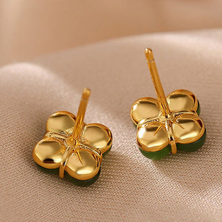 Buddha Gift 925 Sterling Silver Plated Gold Natural Cyan Jade Four Leaf Clover Luck Stud Earrings