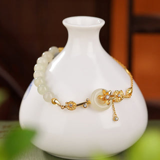 Buddha Gift 925 Sterling Silver Hetian Jade Peace Buckle Lotus Luck Chain Bracelet