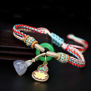 Buddha Gift Colorful Rope Chalcedony Lotus Jade Peace Buckle Harmony Gourd Charm Bracelet