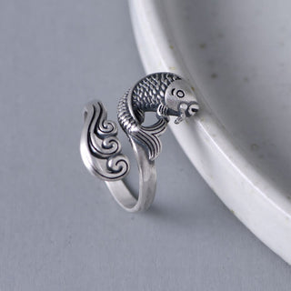 Buddha Gift 925 Sterling Silver Koi Fish Water Ripple Luck Wealth Ring