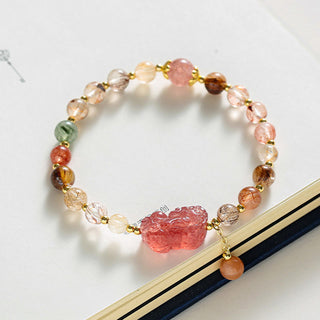Buddha Gift Natural Rutilated Quartz Strawberry Quartz PiXiu Wealth Bracelet