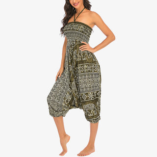 Buddha Gift Two Style Wear Elephant Pattern Loose Smocked Harem Trousers Jumpsuit Women's Yoga Pants